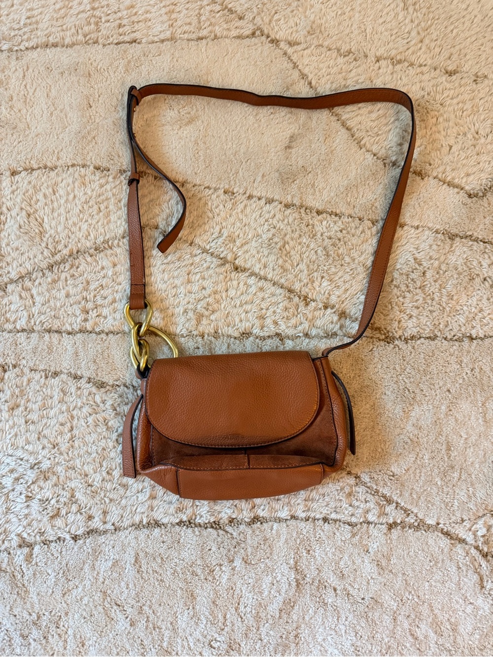 Vince Camuto Cognac Brown Leather Crossbody with Gold Ring Detail